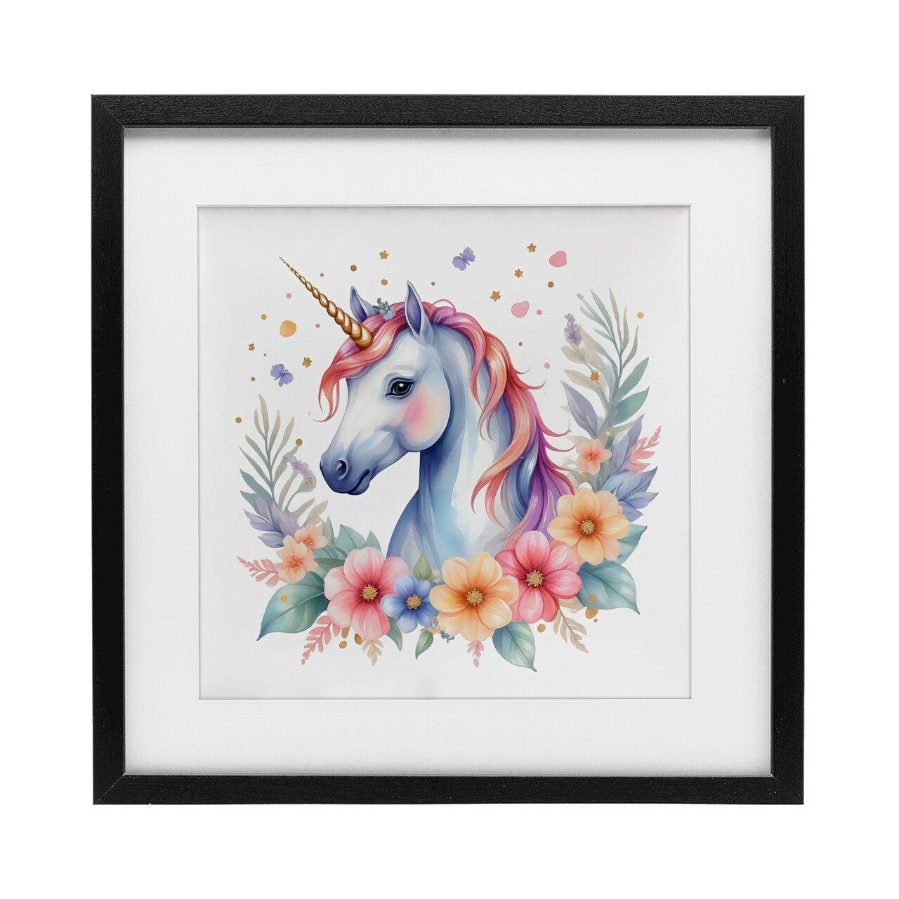 Stupell Industries Colorful Unicorn with Flowers Framed Print Under Glass, design by Creative Studio